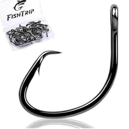FishTrip Circle Hooks Saltwater for Catfish - 25pcs Offset 3X Strong Fishing Hook Wide Gap for Live Bait,Size 2 1 1/0 2/0 3/0 4/0 5/0 6/0 7/0 8/0 9/0 10/0 12/0 - size: 10/0_25pcs
