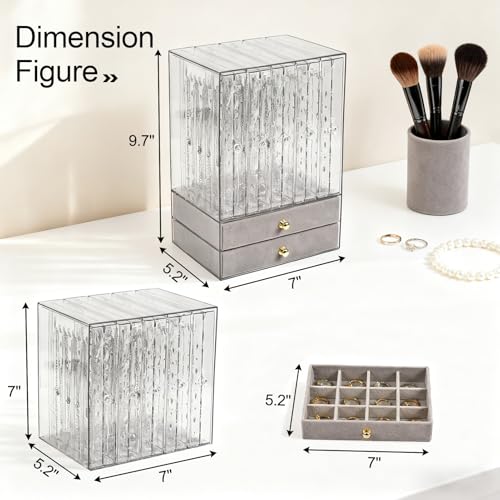 Greenfeather Jewelry Organizers and Storage, Clear Acrylic Jewelry Box with 40 Necklace Hooks 120 Pairs of Earring Holes 2 Velvet-Lined Drawers for Rings Necklaces Earrings - color: Gray-Style A