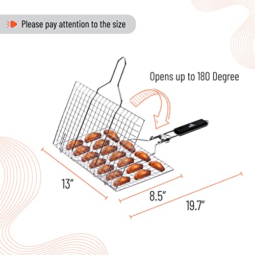 UNCO- BBQ Grill Basket, Folding Stainless Steel Portable BBQ Grill Basket | with Removable Wooden Handle & Basting Brush for Vegetables, Shrimp, Fish, Locking Grilling Basket for Outdoor, Camping - color: Silver