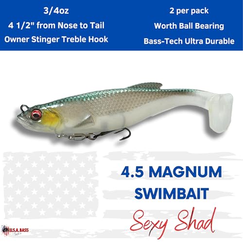 USA Bass Tackle Magnum Swimbait - Paddle Tail Swimbaits Pre Rigged Fishing Lures Premium Lure with Strong Owner Hook, Magdraft Style Bait for Giant Freshwater Predator Fish - color: Sexy Shad