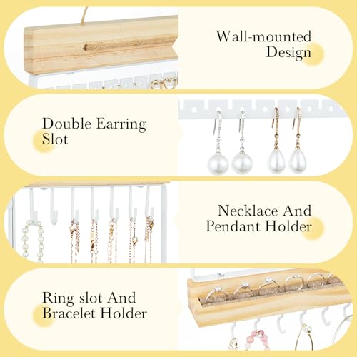 Feyejade Hanging Jewelry Organizer and Storage, 5-Tier White Earring Necklace Holder Jewelry Display Organizer Stand Rack, Wall Mounted for Earrings Necklaces Bracelets and Rings, White - color: White, size: Standard