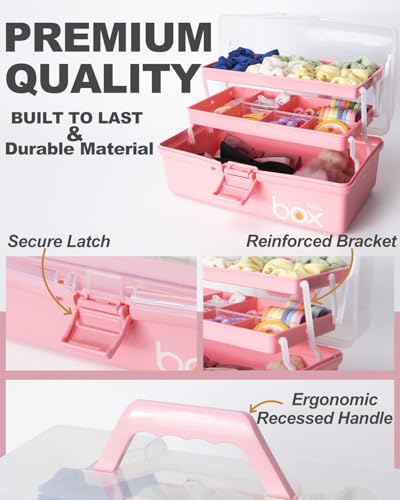 TERGOO 12in 3-Layer Plastic Craft Organizers and Storage, Portable Folding Tackle Box with Handle & Adjustable Dividers, Multipurpose Case for Sewing, Art Supplies, Medicine, Tools (Pink) - color: Pink