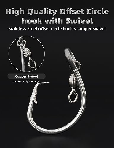 BLUEWING Offset Circle Hook with Swivel Stainless Steel 5pcs/10pcs Extra Sharp for Freshwater Saltwater Big Game Fishing - style: Size 08: 16/0, 5pcs