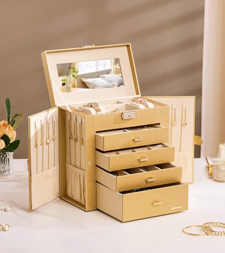 Homde Synthetic Leather Huge Jewelry Box Mirrored Watch Organizer Necklace Ring Earring Storage Lockable Gift Case (Gold) - color: Gold