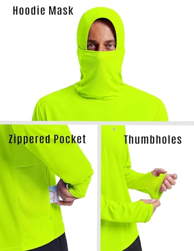 PINSPARK UPF 50+ Sun Protection Hoodie Men with Mask Quick Dry Long Sleeve Fishing Hiking Shirts UV Rash Guard Lightweight - color: Lemon Green, size: Small