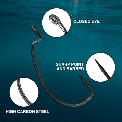 Reaction Tackle Offset EWG Worm Hooks - Super Strong Wide Gap Texas Rig Hooks for Soft Plastic Baits - High Carbon Steel Bass Fishing Hooks (25-Pack) - size: #3/0