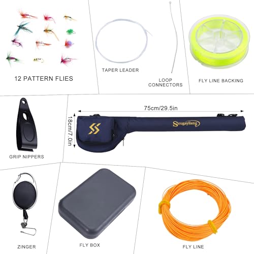 Sougayilang 5/6 Weight 9ft Fly Rod, 4-Piece Graphite Rod, Die Cast Aluminum Reel, Carrying Case, Fly Box & Fishing Flies Combo Starter Kit - color: Fly Fishing Combo #8-Silver