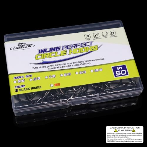 LURELINK-Inline-Circle-Hooks-Saltwater-for-Catfish-Bass-Octopus-Hooks-Fishing-Hook-Freshwater 50 Pack - color: Black, size: 5/0 50-Pack