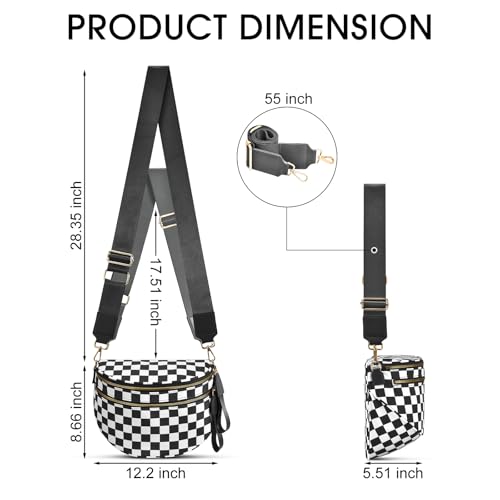 Checkered Nylon Crossbody Bag Bum Bag for Women Mom Large Checkered Fanny Packs with Adjustable Strap - color: Black Checkered