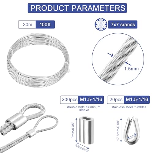 100ft Wire Rope Crimping Tool Kit, Fishing Crimping Tool With 304 Stainless Steel Cable 7x7 Strand Core(1.5mm), 200Pcs 1/16''Aluminum Crimp Loop Sleeves And 20Pcs Wire Rope Stainless Steel Thimble - color: Cable Crimper, 100ft Stainless Steel Cable, 200pc
