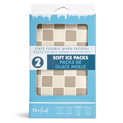 Fit & Fresh Cool Coolers 2 Pack Soft Ice for Lunch Bags, Flexible Stretch Nylon, Durable, Reusable Lunch Box Ice Packs, Soft Ice, Reusable Freezer Packs, Lunch Ice, Easy to Clean, Taupe Checkerboard - color: Taupe Checkerboard (2 Pack), size: Standard
