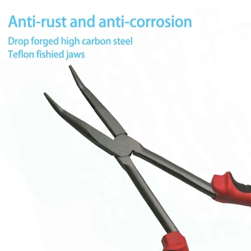 11" Long Nose Fishing Pliers, Straight & Bent Jaws, PTFE Coated Corrosion Resistant, Hook Remover & Braid Cutter Fishing Needle Nose Pliers, Saltwater Freshwater Gear for Bass Snook Trout - color: Red - Straight Needle Nose Pliers