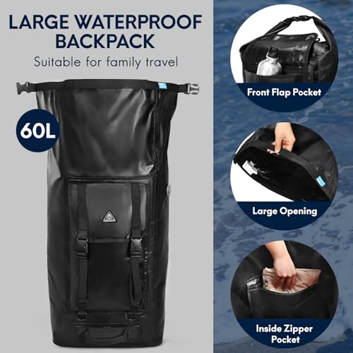 Haimont Waterproof Backpack Roll Top Dry Bag Kayak Dry Backpack for Outdoor Dry Pack Boating Fishing Camping, 60L, Black - color: Black, size: 60L