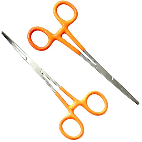 German Vinyl Grip Locking Straight & Curved Hemostat -Hemostat Forceps- Stainless Steel Locking Tweezer Clamps - Ideal Hemostats for Nurses, Fishing Forceps, Crafts and Hobby (Orange STR+CVD 6.25")