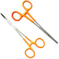 German Vinyl Grip Locking Straight & Curved Hemostat -Hemostat Forceps- Stainless Steel Locking Tweezer Clamps - Ideal Hemostats for Nurses, Fishing Forceps, Crafts and Hobby (Orange STR+CVD 6.25")