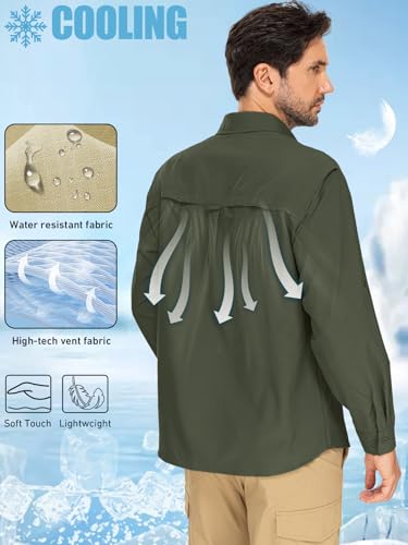 linlon Mens Safari Shirts Long Sleeve UV Protection Hiking Fishing UPF 50+ Quick Dry Cooling Camping Travel Shirts - color: Army Green, size: X-Large