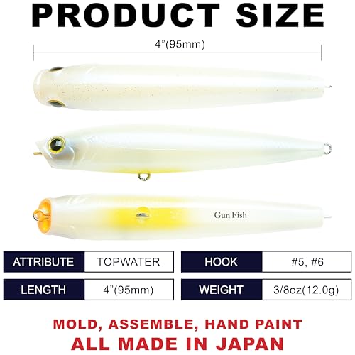 LUCKY CRAFT Gunfish 95NF Top Water Bass Fishing Lures, 4” Floating Lure with Cupped Mouth, Freshwater Trout and Bass Lures Fishing Gear, Accessories for Tackle Box - color: 445 French Pearl OB