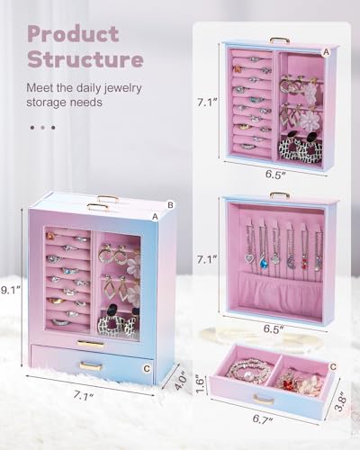 Homde Jewelry Organizer Girls Women Jewelry Box for Necklaces Rings Earrings Gift Bracelets Storage Case (Blue - Pink Gradient + Gold) - color: Blue - Pink Gradient + Gold