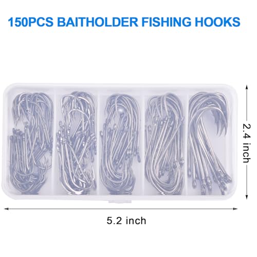 150pcs Fishing J Hooks Baitholder Fishing Hooks Long Shank Bait Holder Hook with 2 Shank Offset High Carbon Steel Bait Keep for Saltwater Freshwater