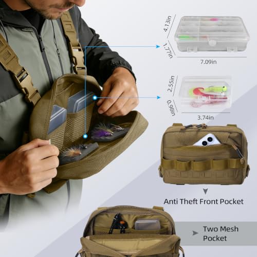 Outdoor Chest Bag for Men, Water-Resistant Fishing Chest Pack, Tactical Vest for Running, Cycling, Hiking - color: Khaki