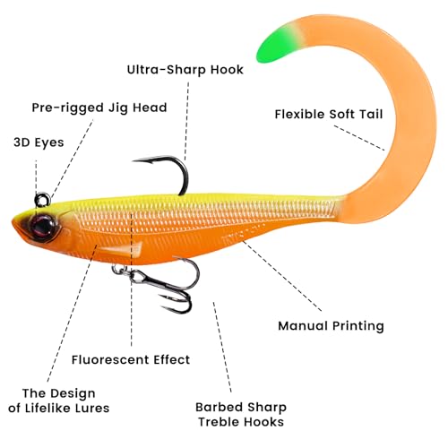 Pre-Rigged Soft Fishing Lures with Weedless Hook, Lifelike Paddle Tail Swimbaits for Bass Fishing, Freshwater & Saltwater Curly Type Tail Soft Plastic Baits for Bass, Pike, Trout, and Walleye. - color: B1-3"-0.31oz