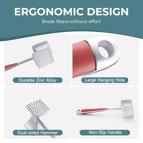 KITEXPERT Meat Tenderizer Hammer with Comfortable-Grip Handle, Dual-side Mallet for Kitchen, Heavy Duty Pounder For Tenderizing Steak, Beef and Fish, Red - color: Red