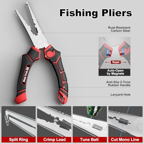 SNAIL TRAIL 7pc Fishing Tool Kit - 17" Pocket Fish Ruler & Knot Tying Guide, Split Ring Pliers, Braid Scissors & Bait Knife. Fish Lip Gripper, Hook Remover and Hook Keeper. Fisherman Gifts