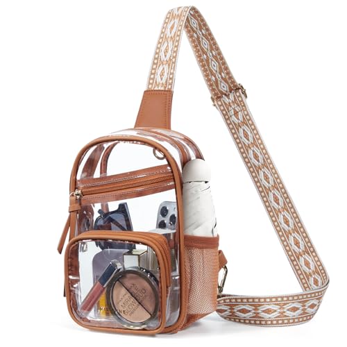 Missnine Clear Bag for Stadium Events Clear Sling Bag Fanny Pack Crossbody Purse for Sport Concert with Side Mesh Pocket - color: G-brown[side Pocket]