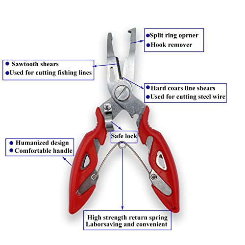 Pack of 201pcs Fishing Stainless Steel Split Rings 5 Sizes and Plier Set, Split Ring Capable of withstanding Large tensile Force and Fishing Plier Tool Kit for Saltwater Fishing Lure Connectors… - color: Red