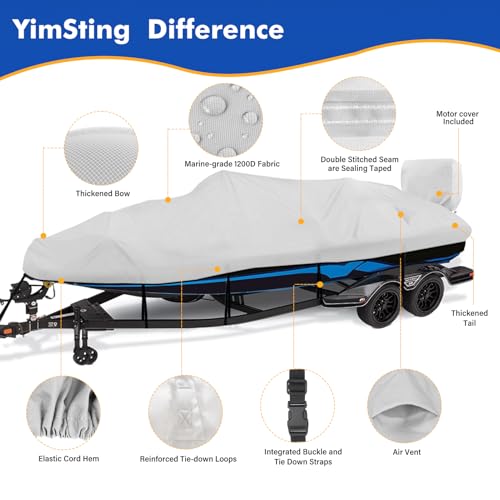 1200D Waterproof Boat Cover - Fits 16' to 18.5' ft Bass, V-Hull, Tri-Hull, Fish & Ski, Runabout Bowrider Boats - Heavy Duty Canvas Gray - color: Gray, size: Model B: Fits 16'-18.5' L X 94" Beam Width