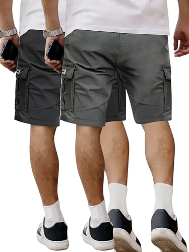 Hidkat Men's Lightweight Cargo Shorts with Drawstring-Breathable,Comfy Casual Outdoor Shorts for Hiking Gym Workout - color: 2 Pcs Black+gray, size: X-Large