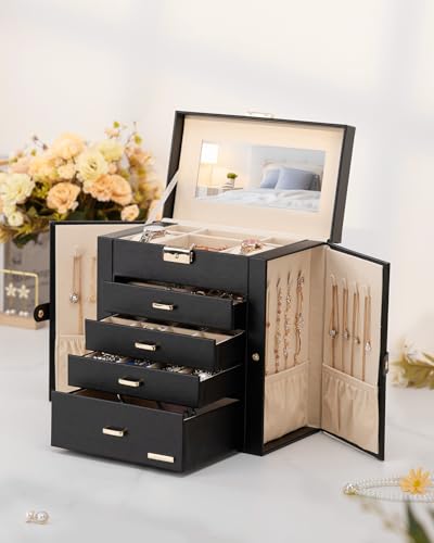 Homde Synthetic Leather Huge Jewelry Box Mirrored Watch Organizer Necklace Ring Earring Storage Lockable Gift Case (Black + Gold) - color: Black + Gold