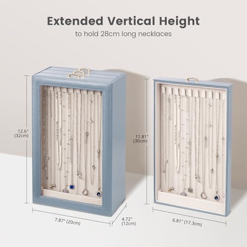Lolalet Necklace Organizer Box, Jewelry Storage Box with Clear Window for Necklaces Bracelets, Tangle-Free Necklace Display Case for Women Girls, Dusty Blue, 3 Layers 30 Hooks - color: Dusty Blue, size: 3 Layers, 30 Hooks