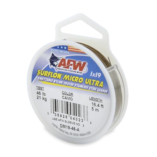 American Fishing Wire Surflon Micro Ultra Nylon Coated 1x19 Stainless Steel Leader Wire - Knottable Fishing Leaders Saltwater & Fly Fishing, 6lb Test - 61lb Test, Bright, Black & Camo Colors - color: Camo, style: 5 Meter, 46 Pound Test