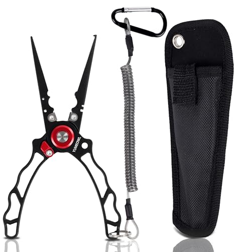 Fishing Pliers with Innovative Ergonomical Handle, Corrosion Saltwater Resistant,Fishing Multitool Hook Remover Braided Fishing Line Cutting, Split Ring with Coiled Lanyard and Sheath - color: Red&black-7.28"