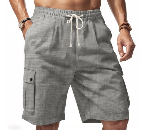 Mens Casual Linen Cargo Shorts Summer Fashion Solid Color Drawstring Elastic Waisted Beach Shorts Pockets - color: Dark Grey, size: Large