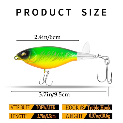 5Pcs Topwater Fishing Lures with Bait Box, Whopper Popper with Rotating Tail Treble Hooks, Plopper Floating Lure for Bass Crappie Walleye Catfish Pike Perch, Freshwater or Saltwater - size: 0.37oz Large