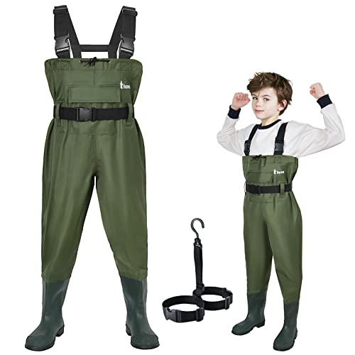 Kids Chest Waders for Toddler Children Waterproof with Insulated Boots - color: Green, size: 4/5