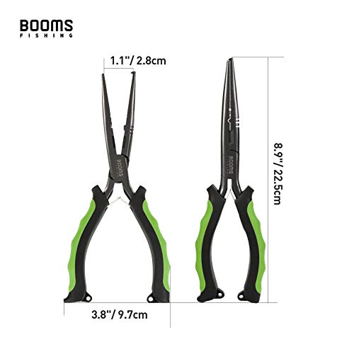 Booms Fishing F03 Needle Nose Fishing Pliers, 9" Fisherman's Pliers, Long Nose Hook Remover, Saltwater Resistant Fishing Gear, Green - color: A: 9" Split Ring Nose_green
