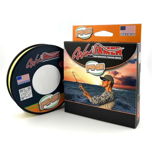 FINS Windtamer Braided Fishing Line – Round No-Wax 4-End Braid, Eliminates Wind Knots and Rod Tip Wraps, No-Stretch Performance, Low Memory, Freshwater Saltwater, Spinning Baitcasting, Made in USA - color: Hi-Viz Yellow, style: 6 Lb - 4000 Yds