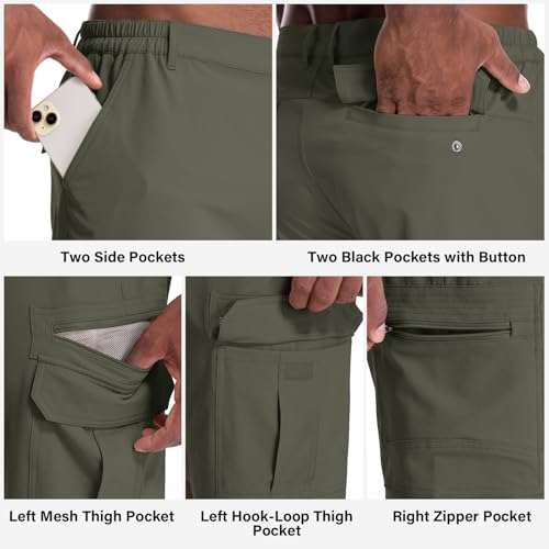 Jessie Kidden Mens Outdoor Casual Expandable Waist Lightweight Water Resistant Quick Dry Fishing Hiking Shorts - color: Army Green, size: 29