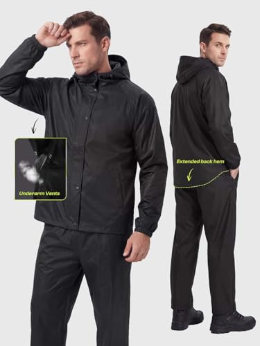 SaphiRose Men's Waterproof Rain Gear 2pcs/set Packable Rain Suit for Working Fishing - color: Black With Placket, size: Small