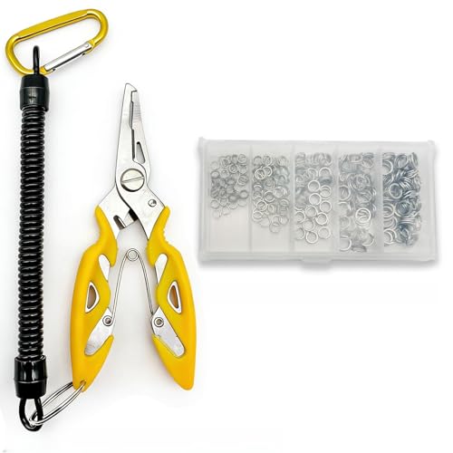 Pack of 201pcs Fishing Stainless Steel Split Rings 5 Sizes and Plier Set, Split Ring Capable of withstanding Large tensile Force and Fishing Plier Tool Kit for Saltwater Fishing Lure Connectors… - color: 250pcs Rings&Yellow plier