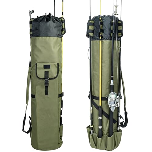 DONQL Fishing Rod Bags, Outdoor Fishing Pole Case, Multifunction Camping Portable Travel Carry Cases Backpack, Fishings Rod and Reel Case Holds 5 Poles & Rig Tackles, Fishings Gift for Men - color: Dark Green