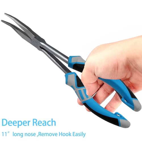 11" Long Nose Fishing Pliers, Straight & Bent Jaws, PTFE Coated Corrosion Resistant, Hook Remover & Braid Cutter Fishing Needle Nose Pliers, Saltwater Freshwater Gear for Bass Snook Trout - color: Blue