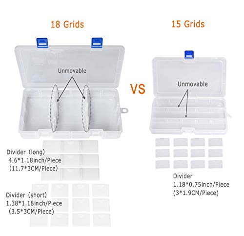 Qualsen 2 Pack 18 Grid Clear Plastic Bead Organizer Box with Adjustable Dividers, Tackle Box Organizer for Beads Jewelry Art Craft Earrings Nail Fishing Tackle and Small Items - size: 18 Gird-2pcs