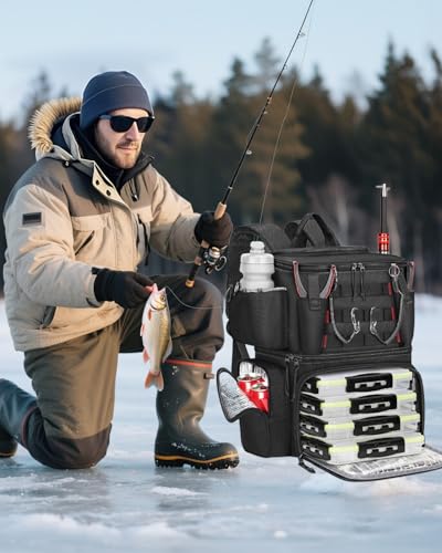 MATEIN Fishing Backpack with 4 Tackle Boxes, Fishing Bag with Rod Holder & Safety Compass & Cooler, Gifts for Fishermen - color: Black