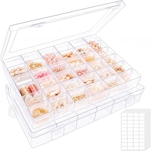 2 Pack Clear Bead Organizer Tackle Box with Adjustable Dividers for Jewelry Art Craft Containers 36 Grids Compartment with 5 Sheets Label Stickers - color: 2 Pack