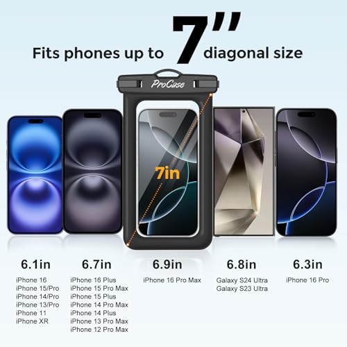 ProCase 2 Pack Floating Waterproof Phone Pouch IPX8, Universal Dry Bag Fits iPhone 17/16/15/14/13 Series, Galaxy S24/S23/S22, Pixel 8/7 (Up to 7”), Touchscreen, Underwater & Snow Protection -Black - color: Black