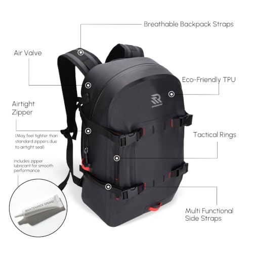 Premium IPX7 Airtight Waterproof Backpack for Kayaking Black | Boating, Paddle Boarding, Fishing, 30L with Resin Zipper, Rugged Gear Protection Submersible Backpack, Water Sports, Surfing - color: Black